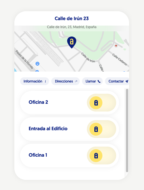 Akiles electronic access app — list of doors with yellow slide-to-unlock bubbles