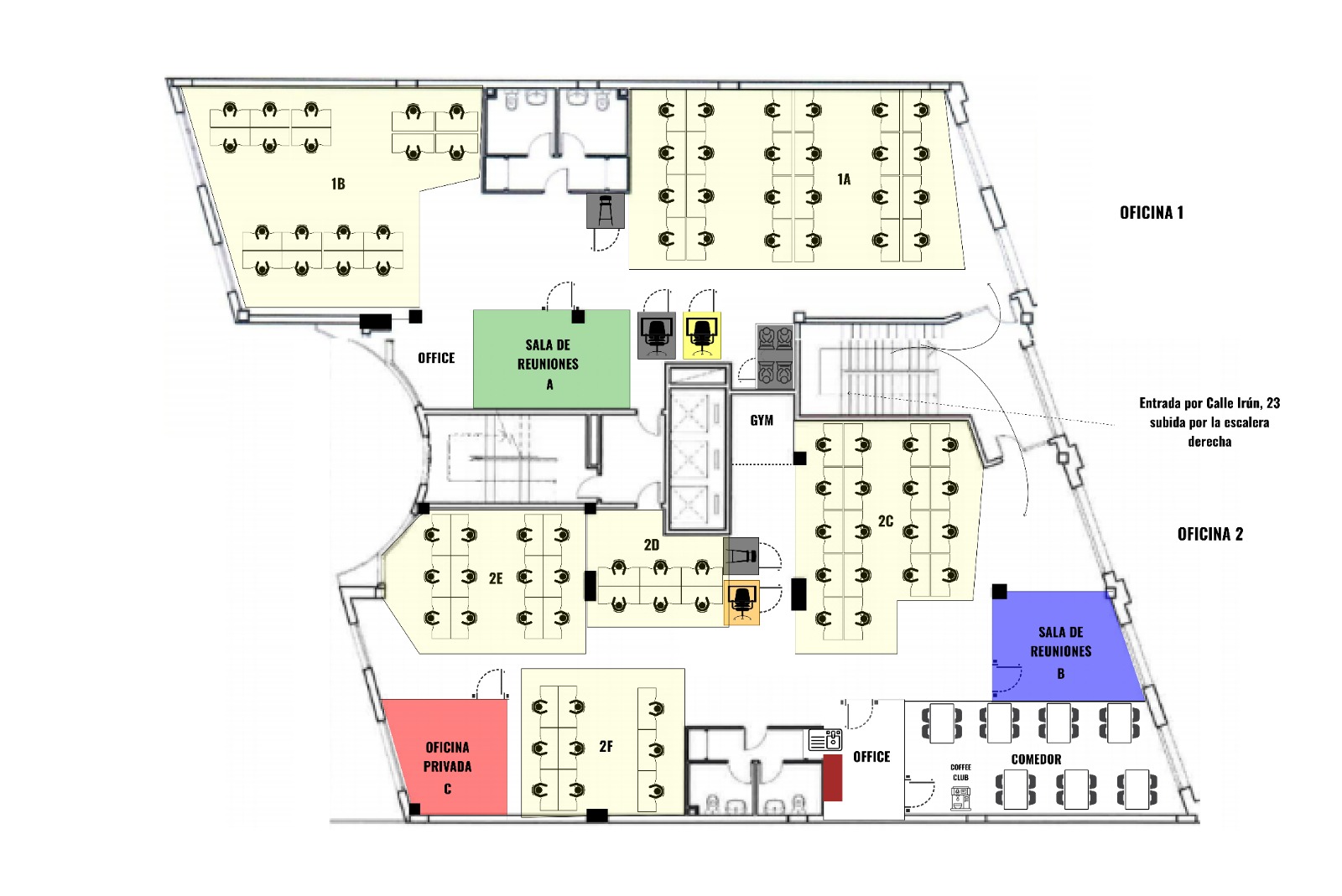 LIVINK floor plan — Office 1 (1A, 1B), Office 2 (2C, 2D, 2E, 2F, private office C), Sala A and Sala B meeting rooms, gym, kitchen and dining (Comedor)